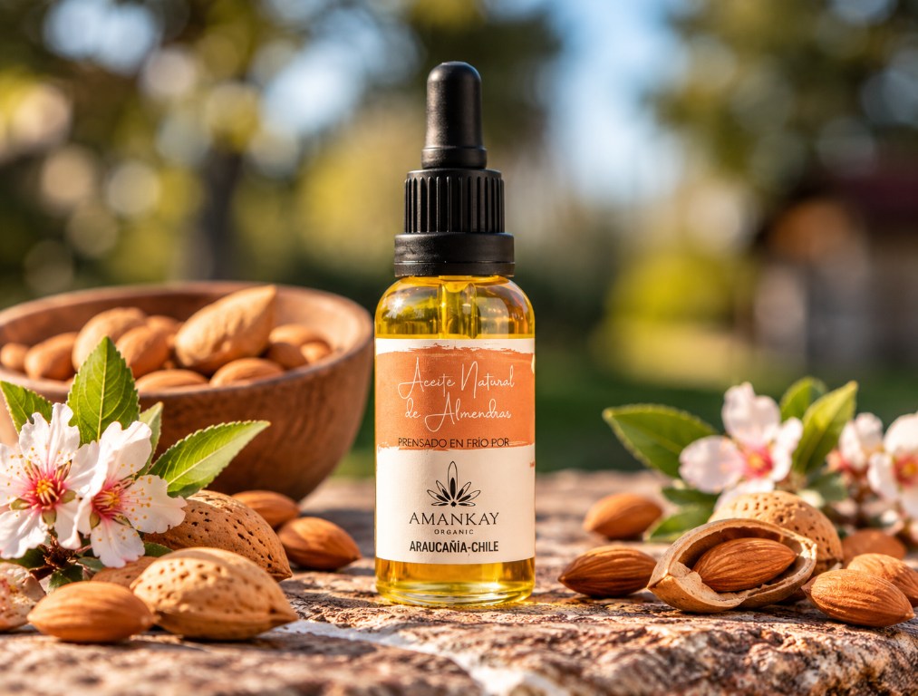 Aceite de almendras Amankay en frasco gotero, junto a almendras y flores