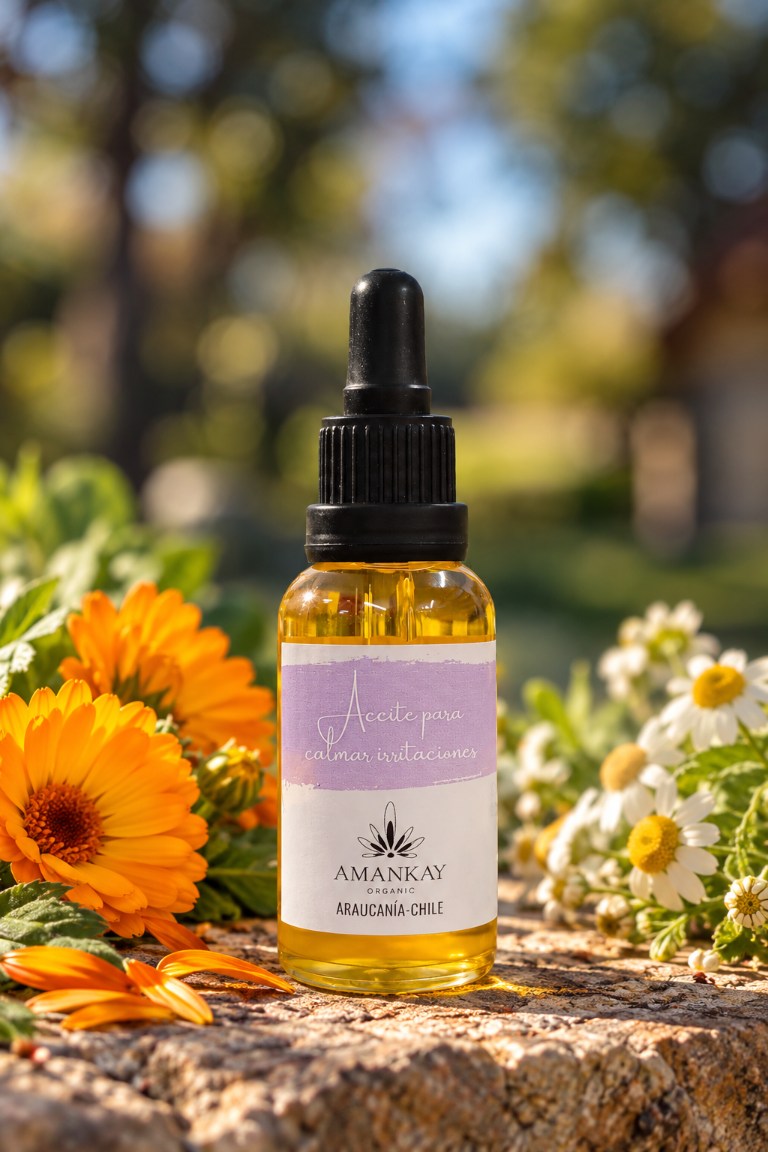 Aceite Amankay para calmar irritaciones en frasco gotero junto a caléndula y manzanilla
