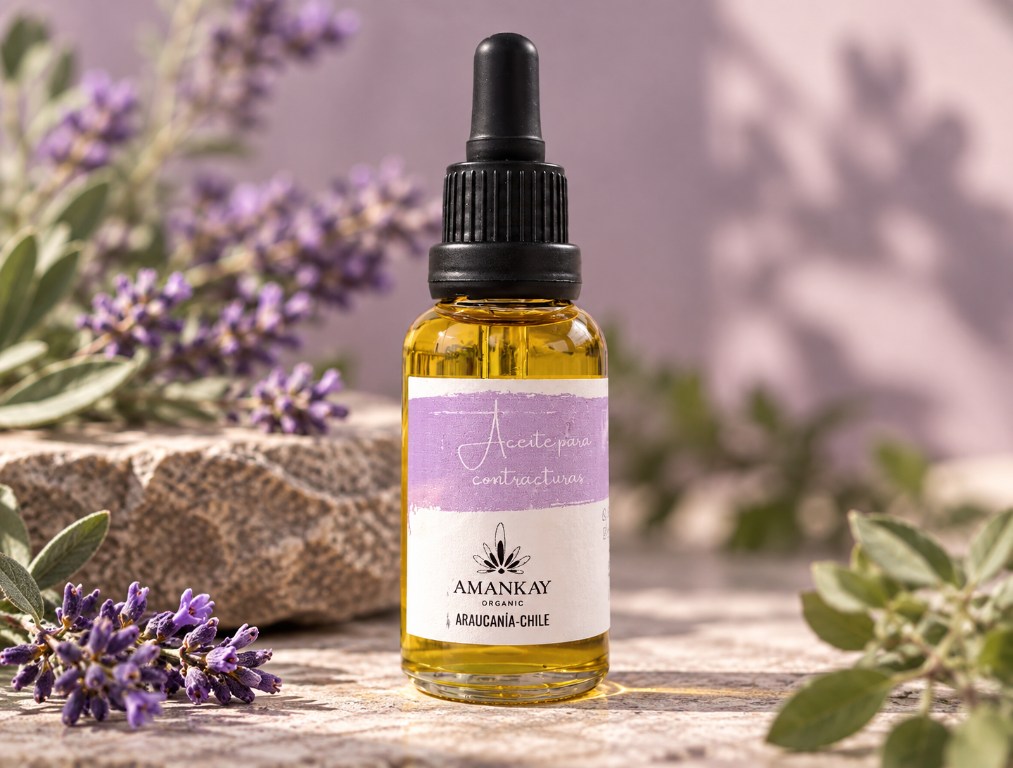 Aceite Amankay para contracturas en frasco de 30 ml con gotero y flores de lavanda