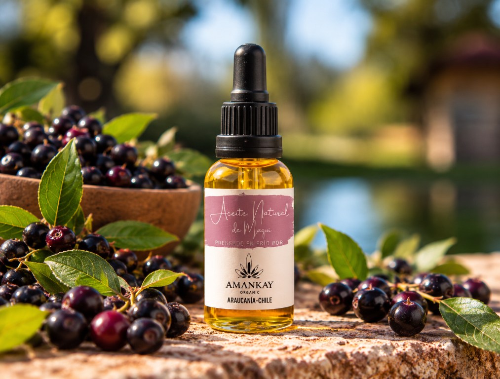 Aceite de maqui Amankay en frasco gotero junto a frutos de maqui