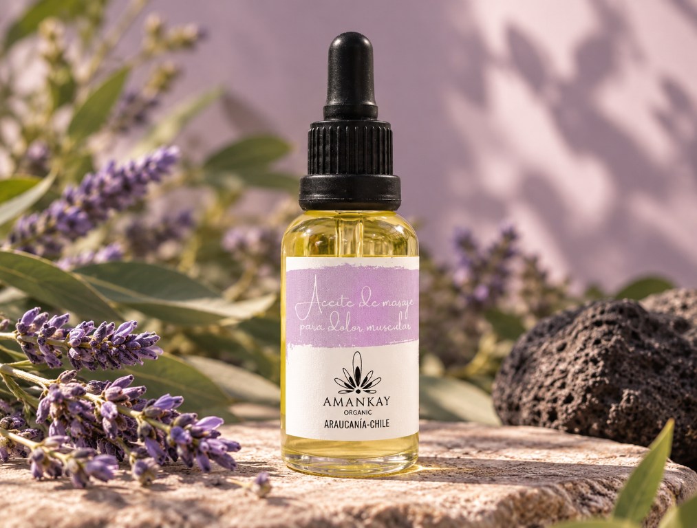 Aceite Amankay para masaje muscular en frasco con gotero y lavanda