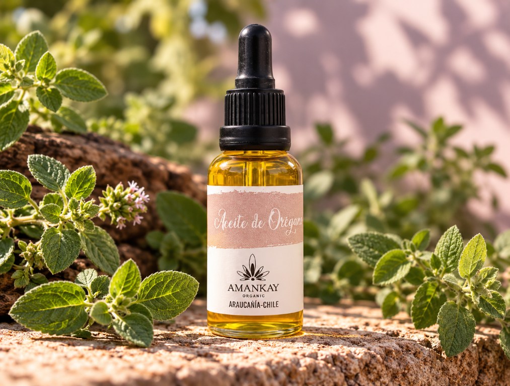 Aceite de orégano Amankay en frasco gotero de 30 ml junto a hojas de orégano