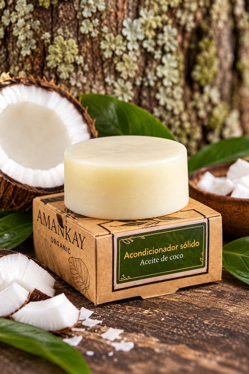 Acondicionador sólido de aceite de coco sobre su caja kraft, junto a cocos abiertos