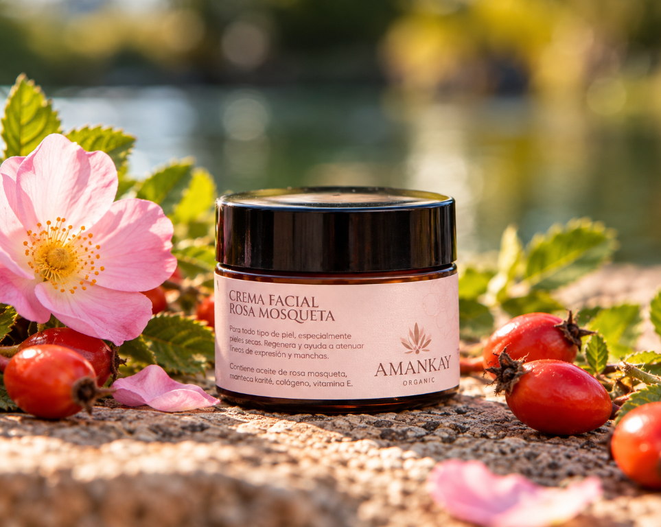 Crema facial de rosa mosqueta Amankay junto a flores y frutos de rosa mosqueta