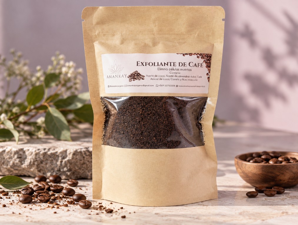 Exfoliante de café Amankay en envase kraft, fotografiado con granos de café