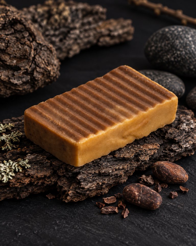 Jabón artesanal de canelo y cacao junto a corteza y granos de cacao