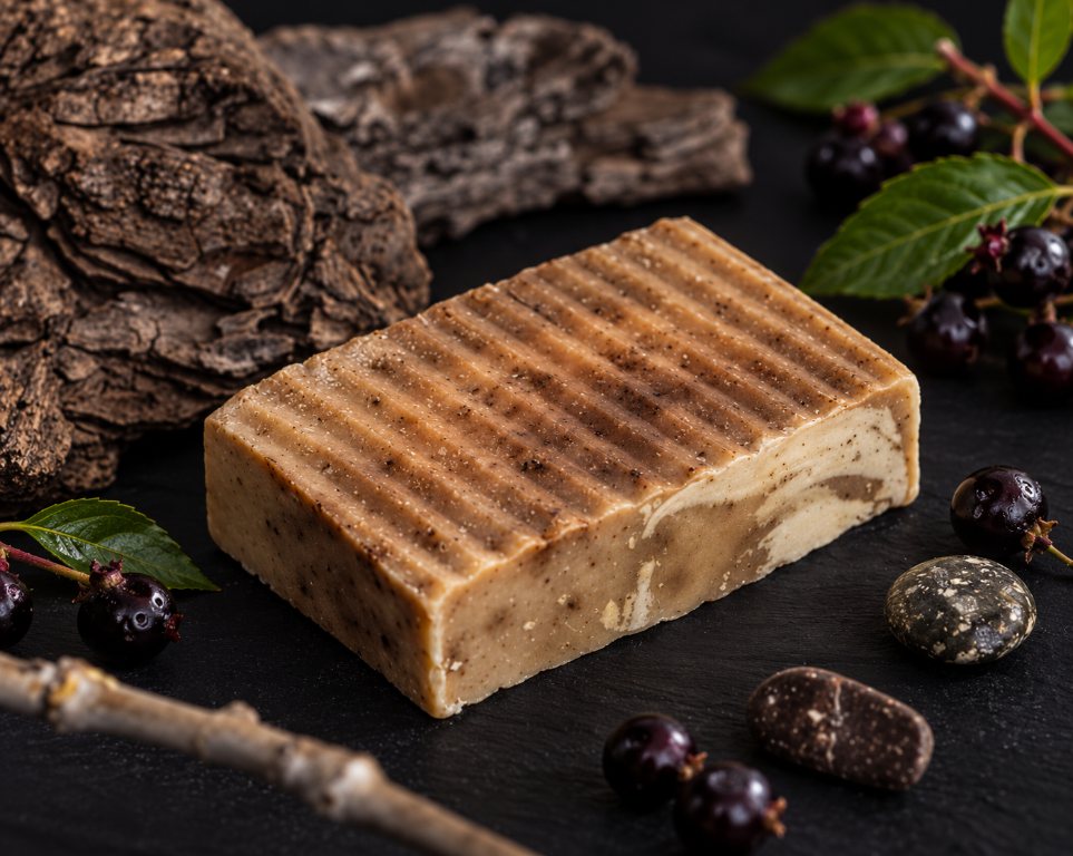 Jabón artesanal de maqui con frutos y hojas de maqui
