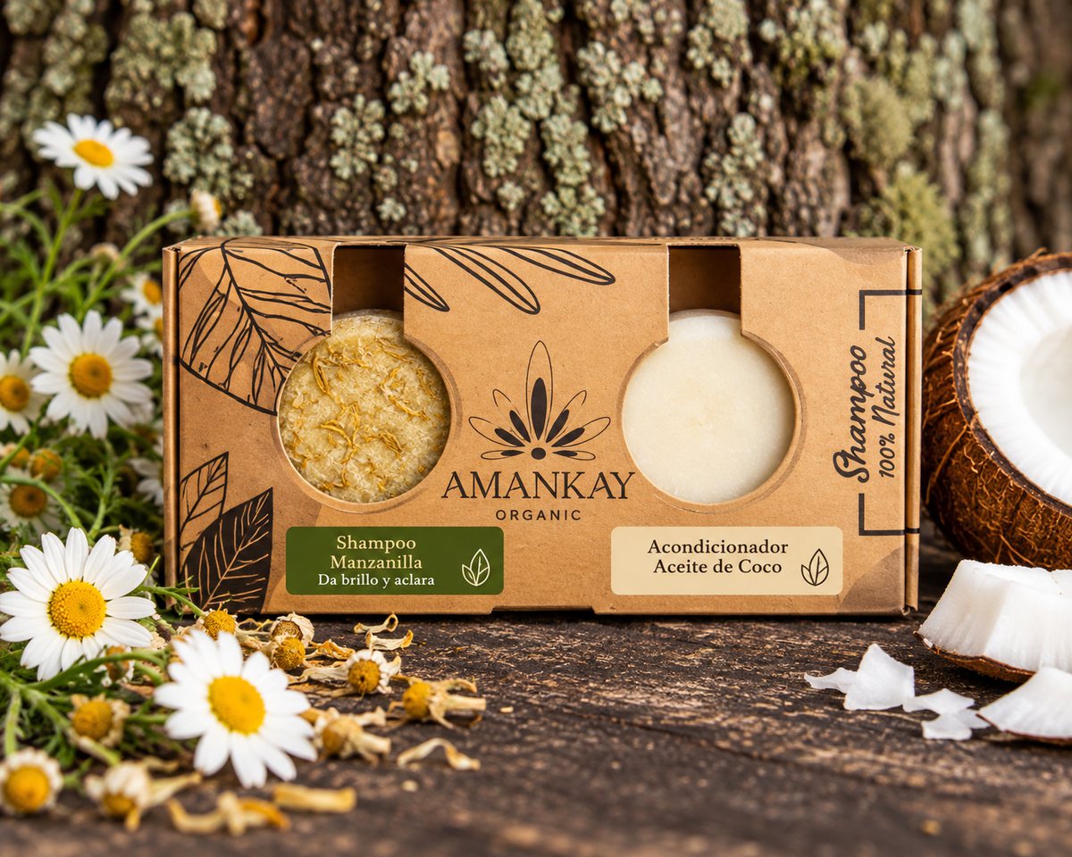 Pack Amankay de shampoo de manzanilla y acondicionador de aceite de coco en caja kraft