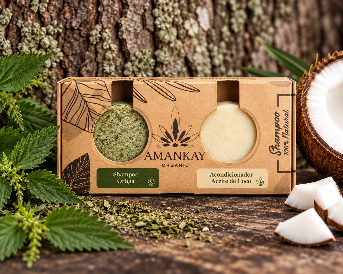 Pack Amankay de shampoo de ortiga y acondicionador de aceite de coco en caja kraft