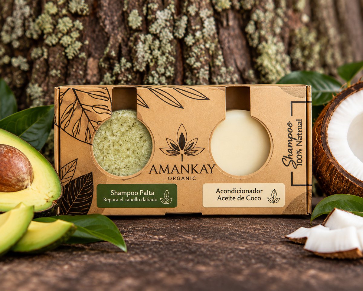 Pack Amankay de shampoo de palta y acondicionador de aceite de coco en caja kraft