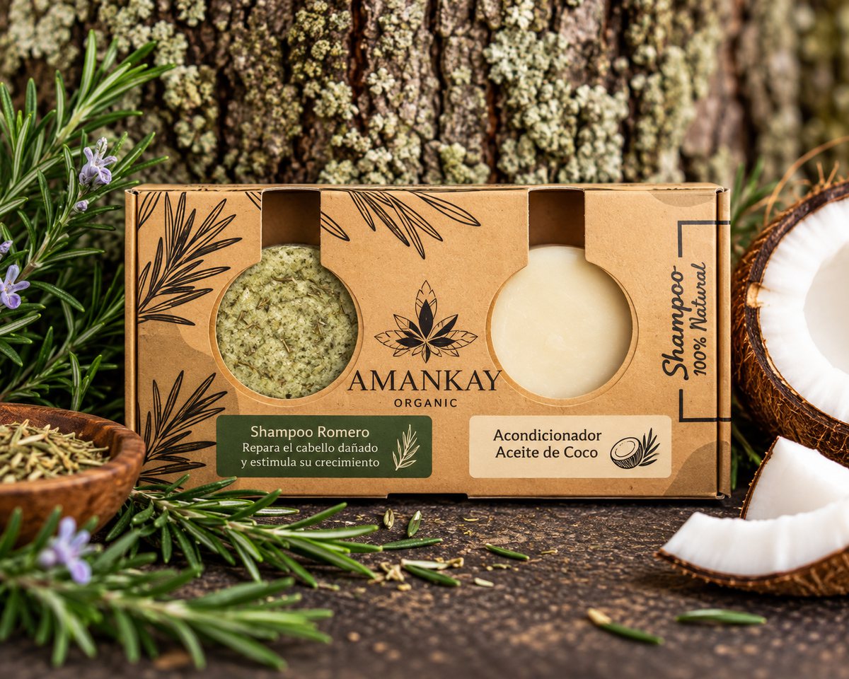 Pack Amankay de shampoo de romero y acondicionador de aceite de coco en caja kraft
