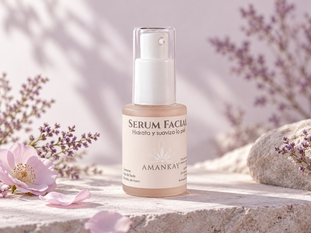 Sérum facial Amankay en frasco con dosificador, junto a flores rosadas