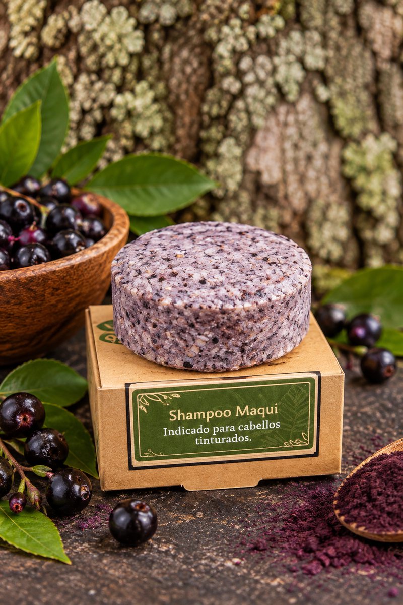 Shampoo sólido de maqui sobre su caja kraft, junto a frutos y polvo de maqui